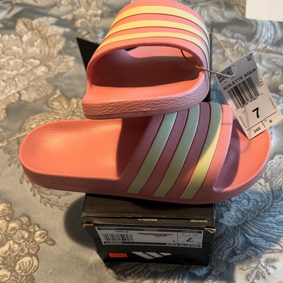adidas Shoes - Adidas Pink Slides with Yellow Stripes
